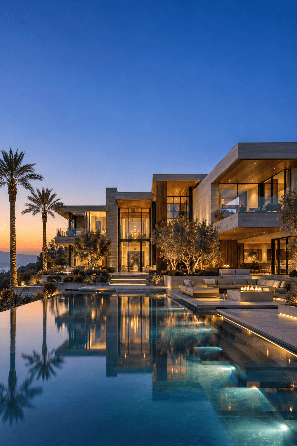 Modern luxury home with an infinity pool, lit up at dusk