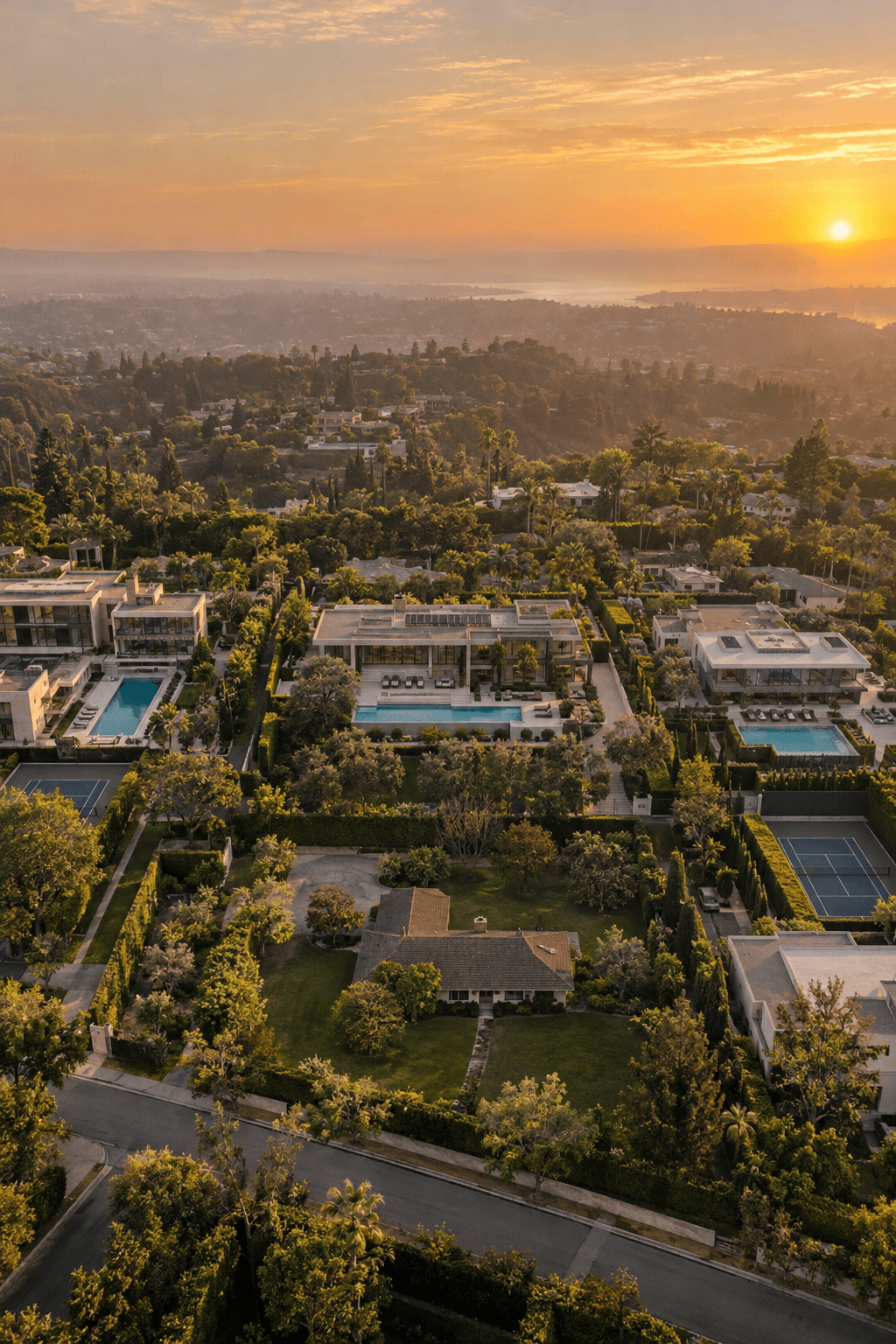 Aerial view at sunset of large modern homes and an older single-story house in a tree-lined neighborhood
